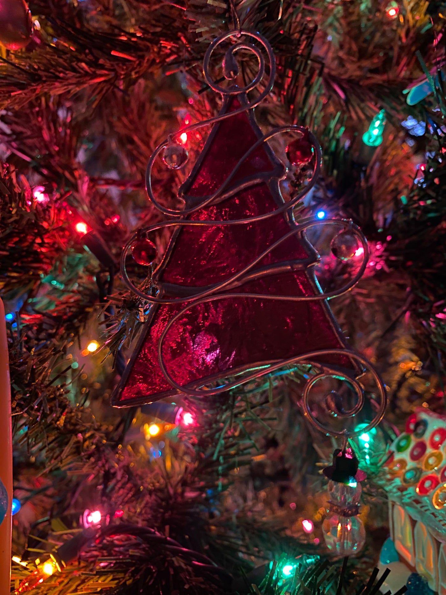 Tree Christmas Ornament - Red Snowflake Glass with Silver and Red Jingle Bells and a Snowman Charm