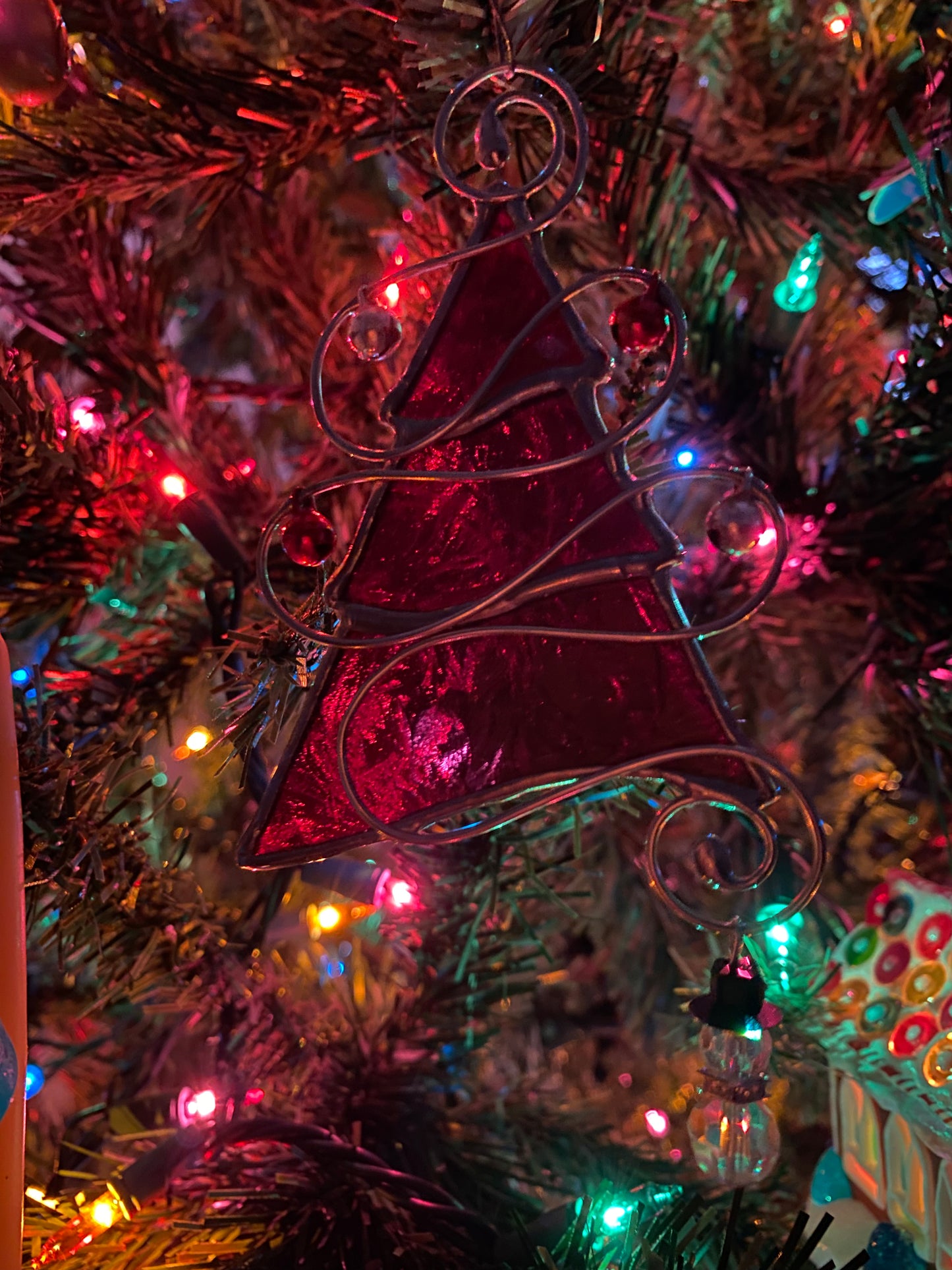 Tree Christmas Ornament - Red Snowflake Glass with Silver and Red Jingle Bells and a Snowman  Charm