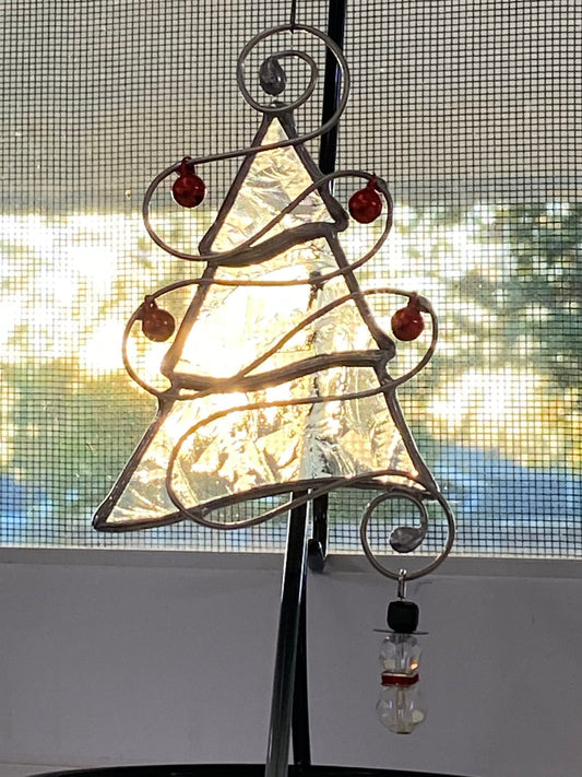 Tree Christmas Ornament - Clear Snowflake Glass with Snowman Charm