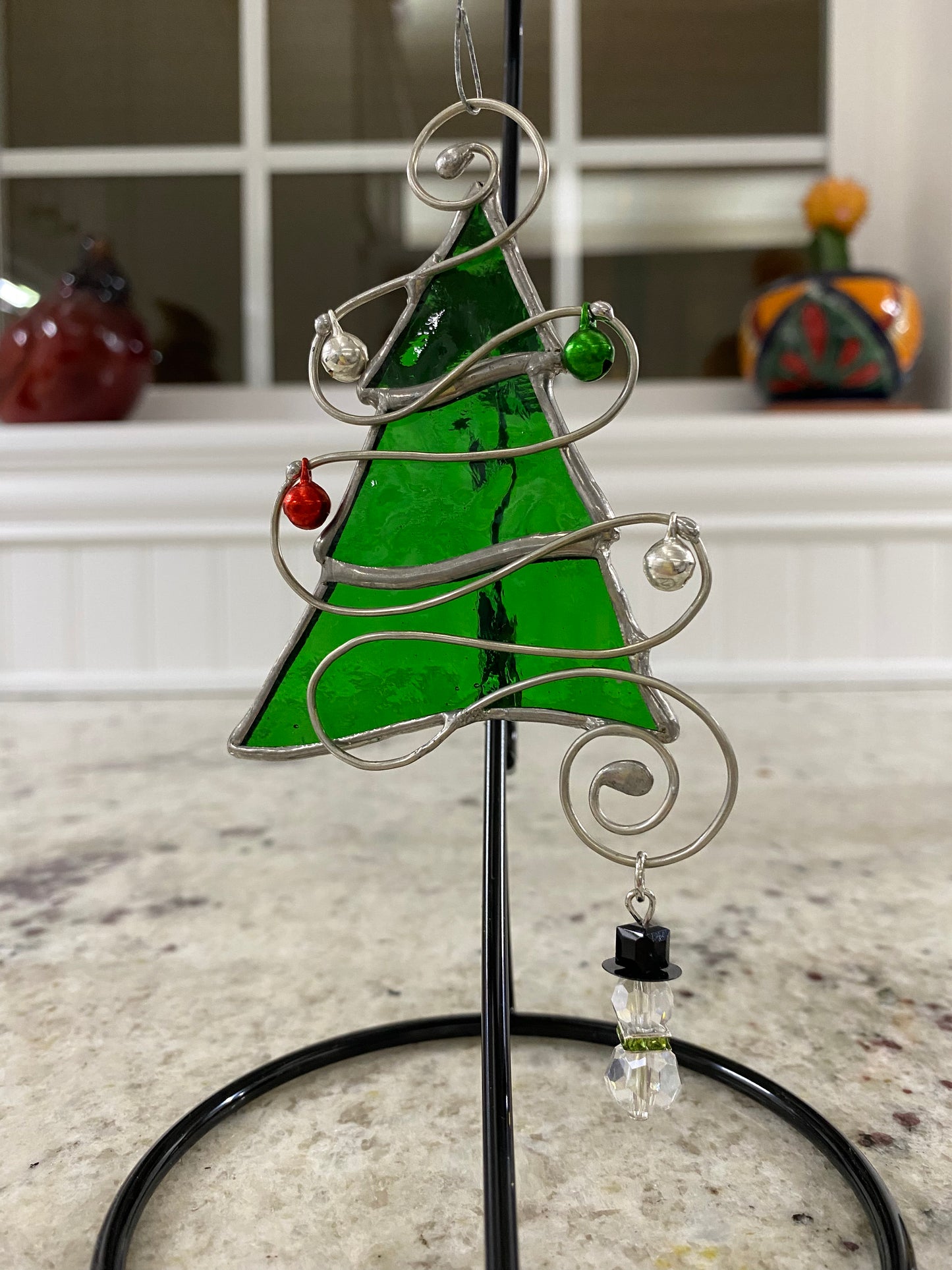 Tree Christmas Ornament - Green with Snowman Charm (silver, green, red jingle bells)