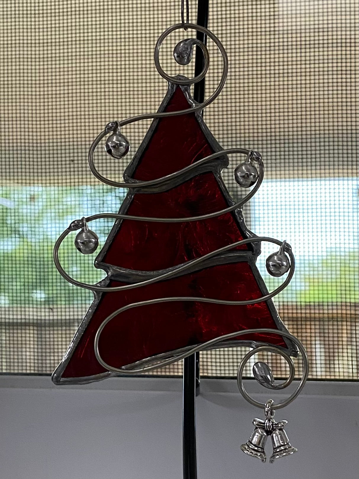 Tree Christmas Ornament - Red Snowflake Glass with Silver Jingle Bells and a Silver Bells Charm