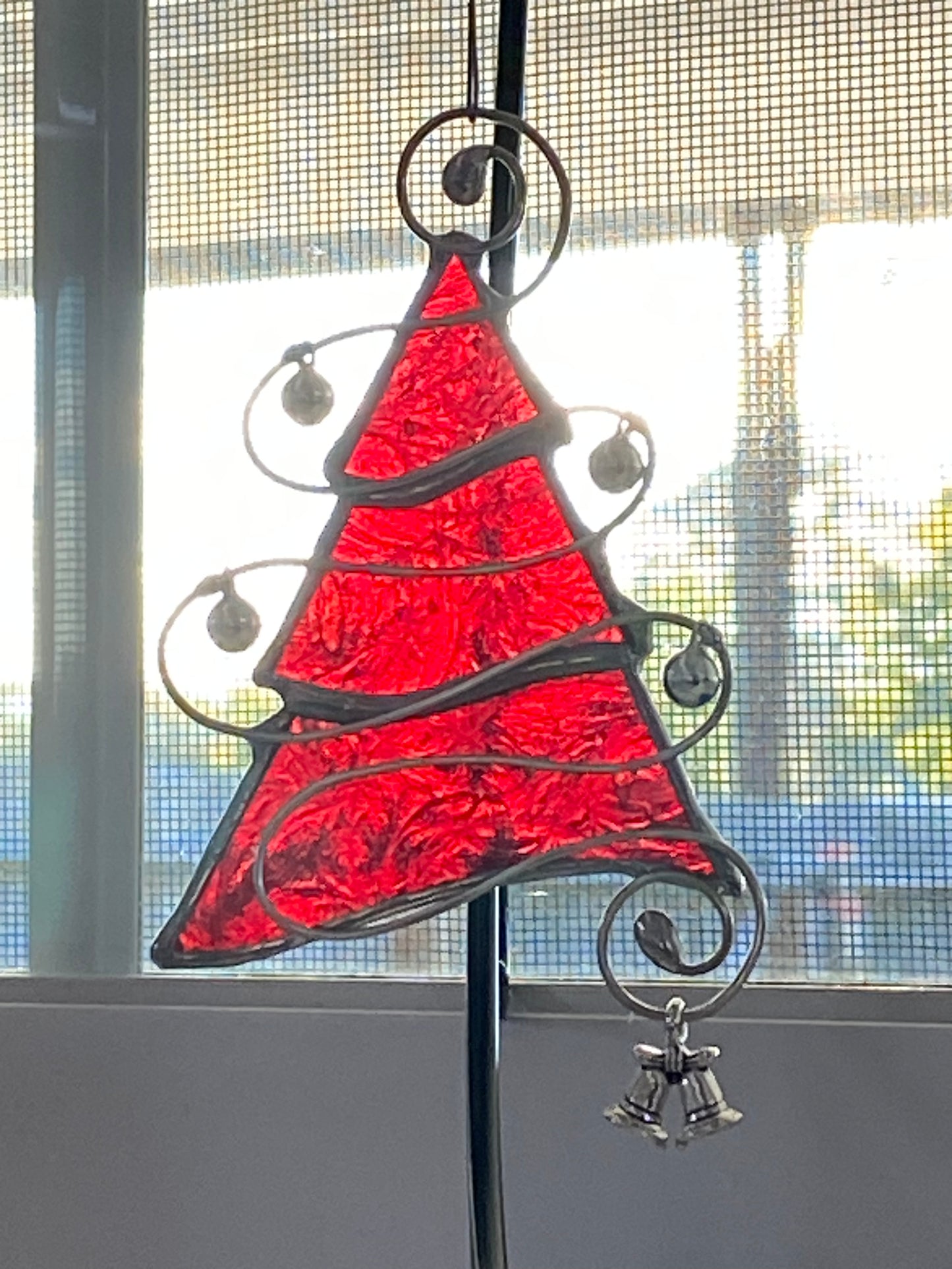 Tree Christmas Ornament - Red Snowflake Glass with Silver Jingle Bells and a Silver Bells Charm