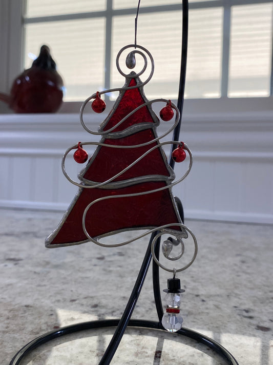 Tree Christmas Ornament - Red Snowflake Glass with Red Jingle Bells and a Snowman  Charm