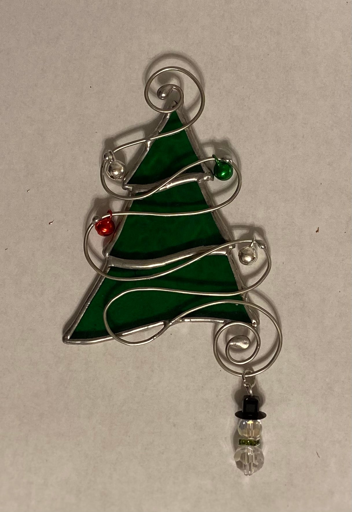 Tree Christmas Ornament - Green with Snowman Charm (silver, green, red jingle bells)