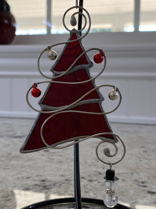 Tree Christmas Ornament - Red Snowflake Glass with Silver and Red Jingle Bells and a Snowman  Charm