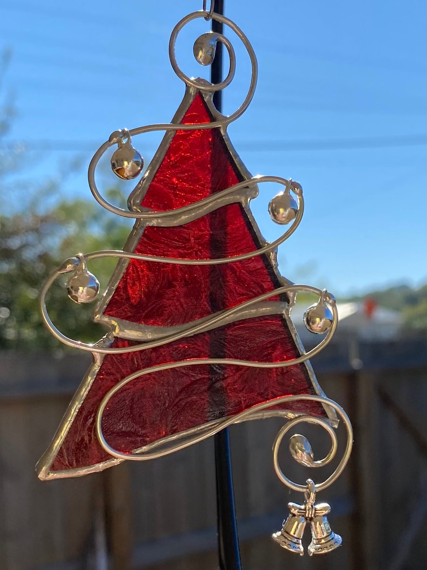 Tree Christmas Ornament - Red Snowflake Glass with Silver Jingle Bells and a Silver Bells Charm