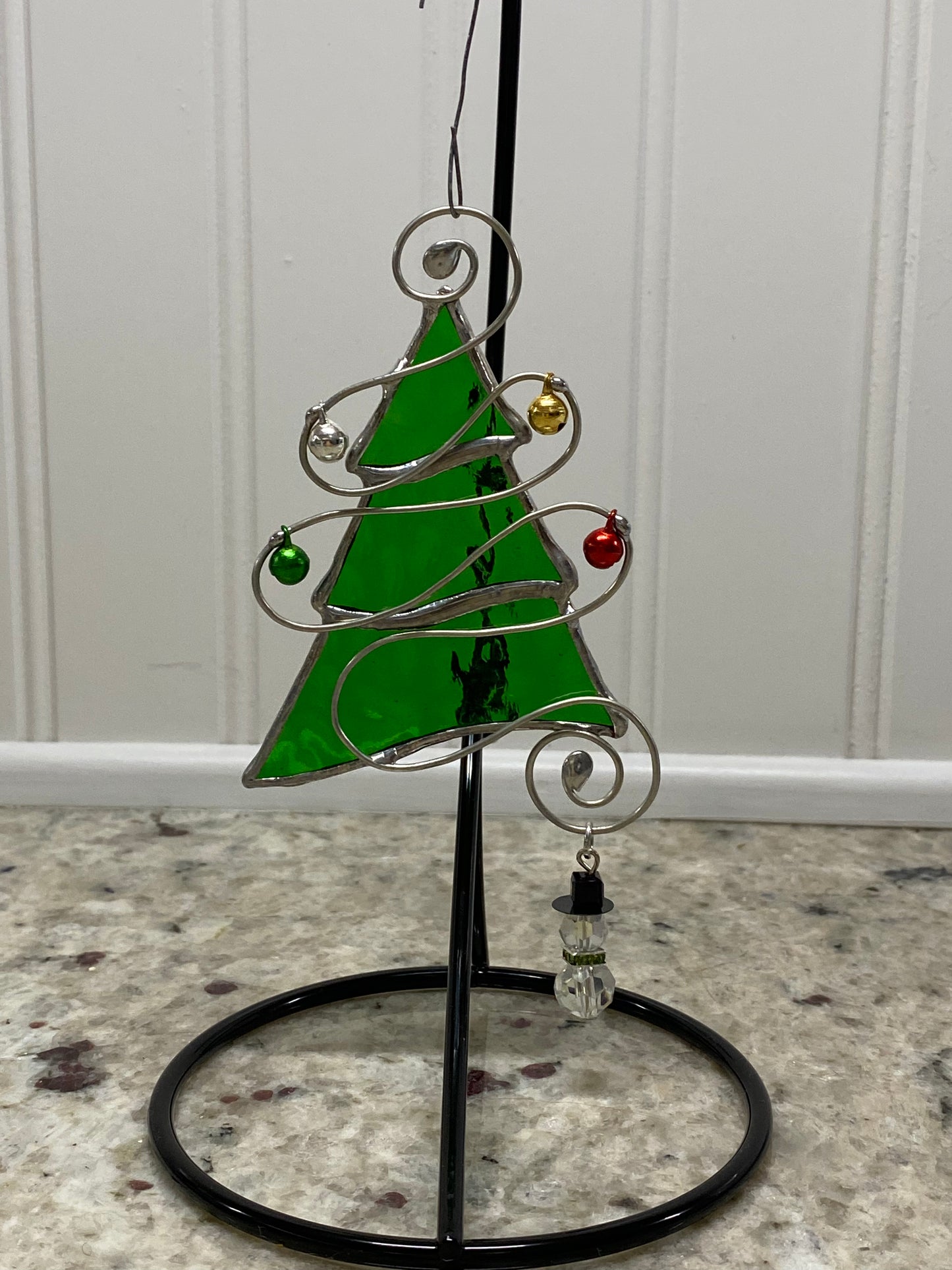 Tree Christmas Ornament - Green with Snowman Charm (silver, green, red, and gold jingle bells)