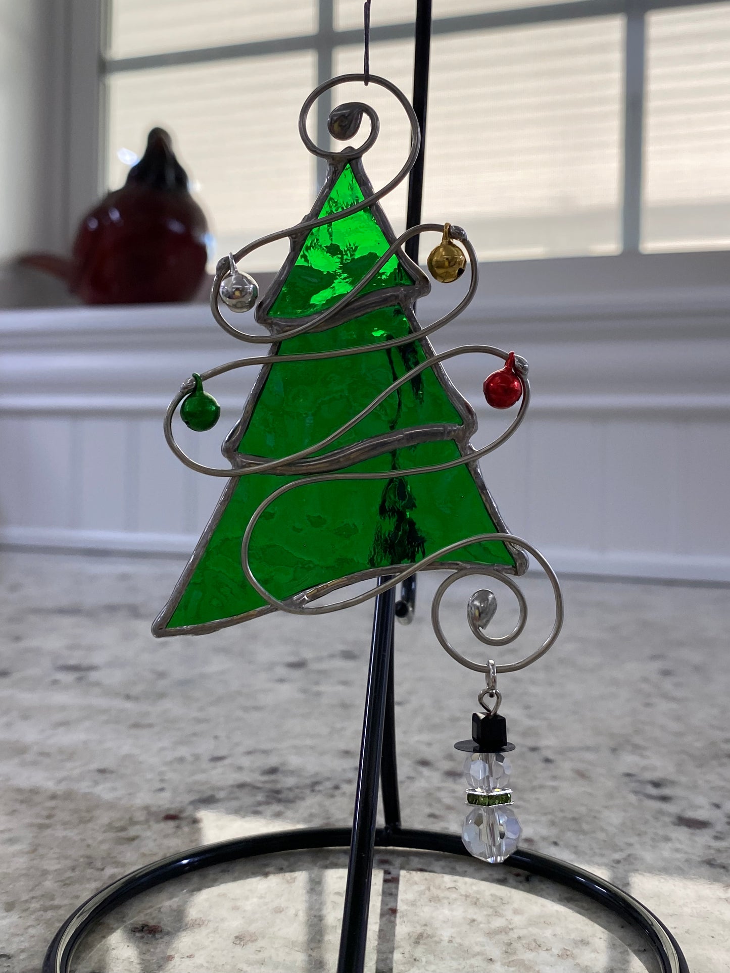 Tree Christmas Ornament - Green with Snowman Charm (silver, green, red, and gold jingle bells)