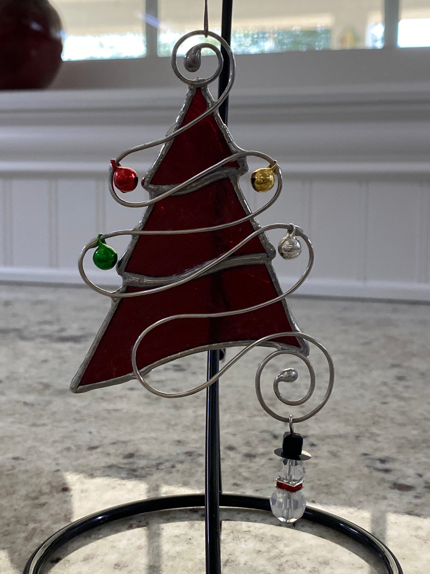 Tree Christmas Ornament - Red Snowflake Glass with Red, Silver, Green, and Gold Jingle Bells and a Snowman  Charm