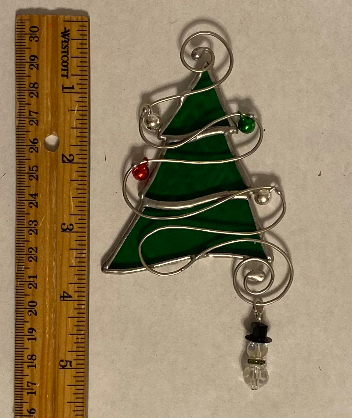 Tree Christmas Ornament - Green with Snowman Charm (silver, green, red jingle bells)