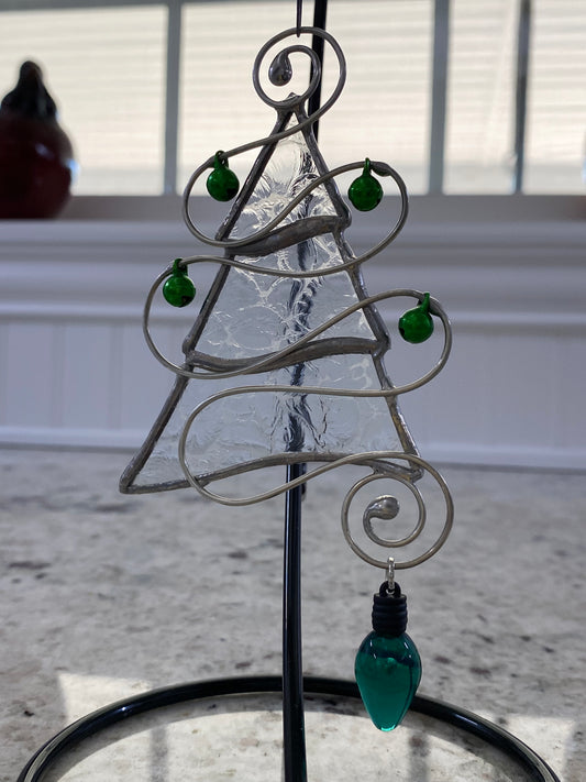 Tree Christmas Ornament - Clear Snowflake Glass with Green Jingle Bells and Green Christmas Light