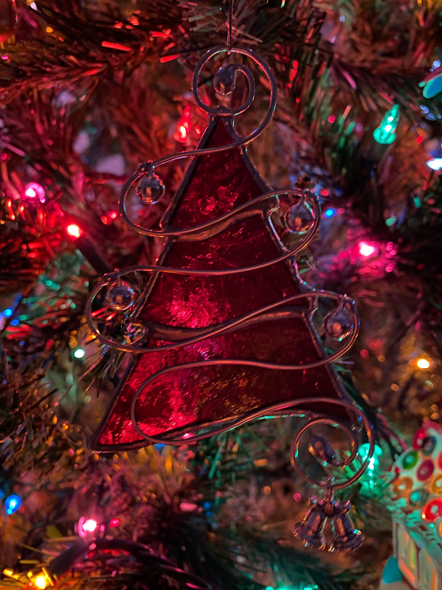 Tree Christmas Ornament - Red Snowflake Glass with Silver Jingle Bells and a Silver Bells Charm