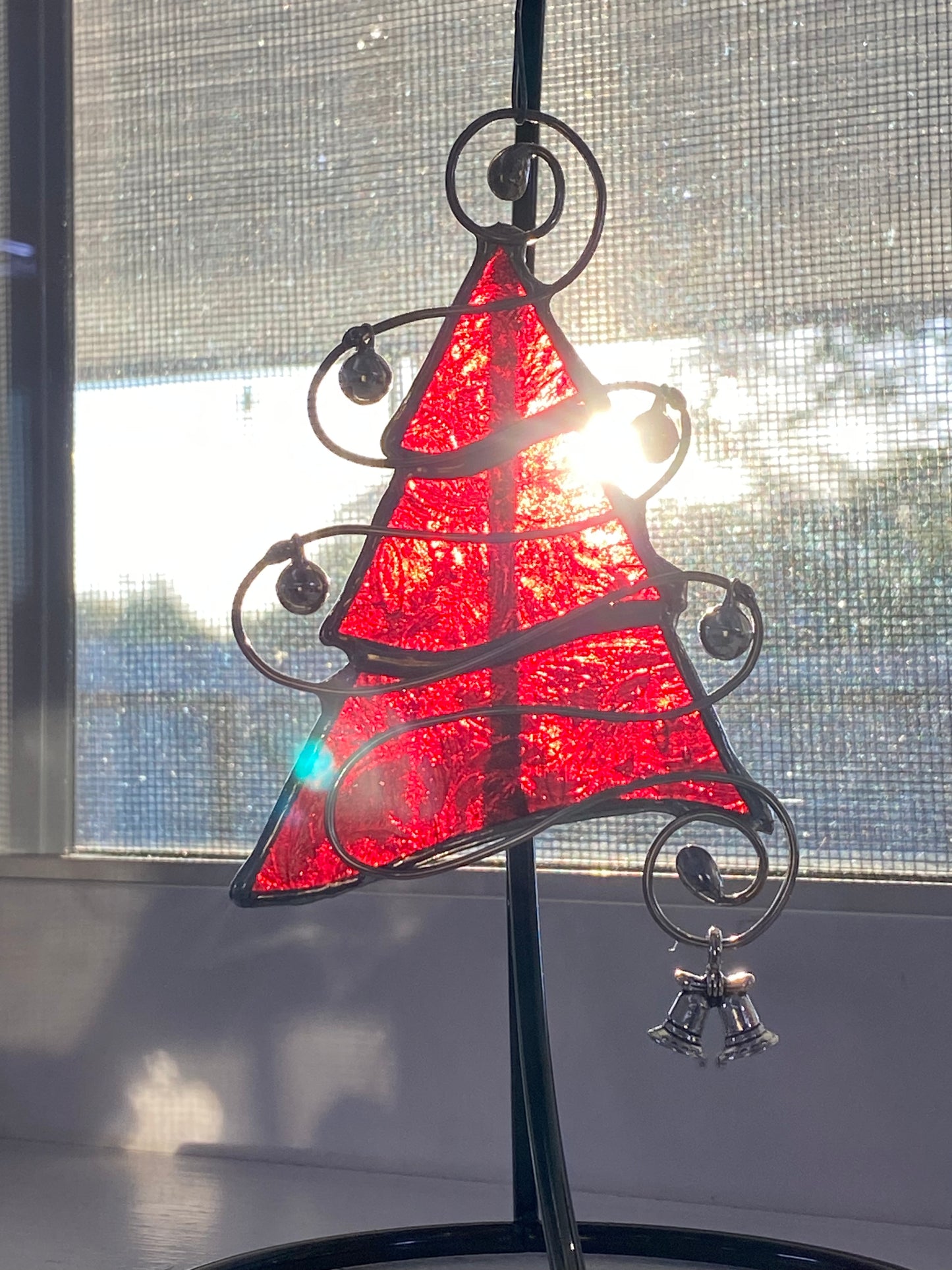 Tree Christmas Ornament - Red Snowflake Glass with Silver Jingle Bells and a Silver Bells Charm