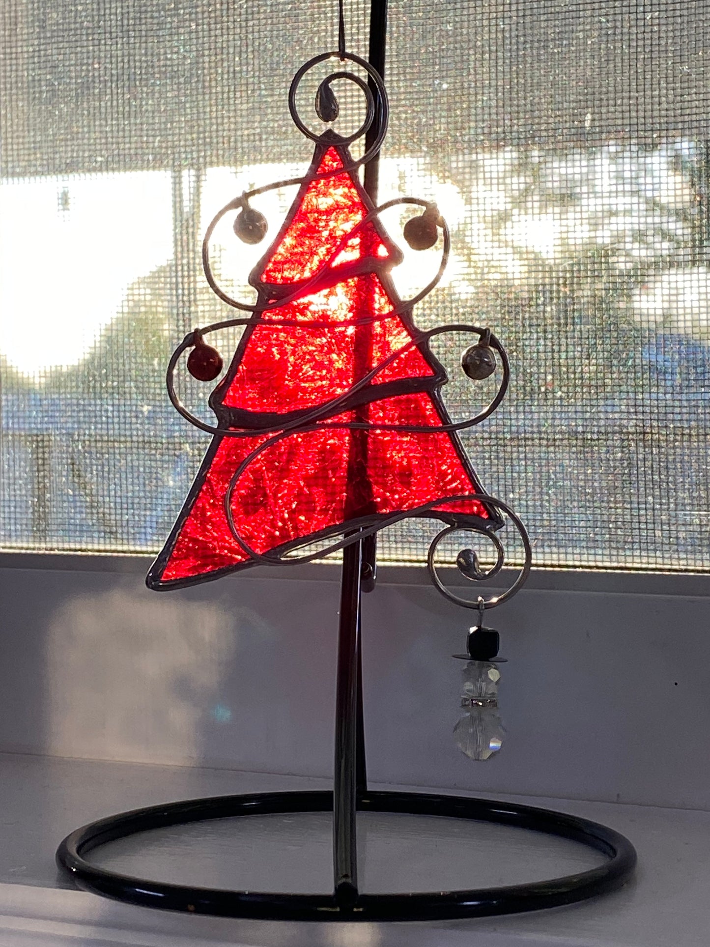 Tree Christmas Ornament - Red Snowflake Glass with Silver and Red Jingle Bells and a Snowman  Charm