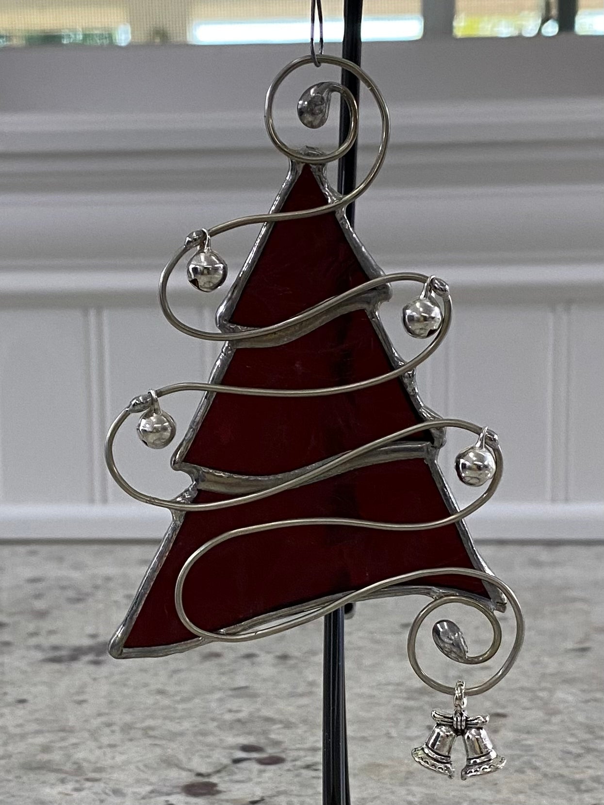 Tree Christmas Ornament - Red Snowflake Glass with Silver Jingle Bells and a Silver Bells Charm