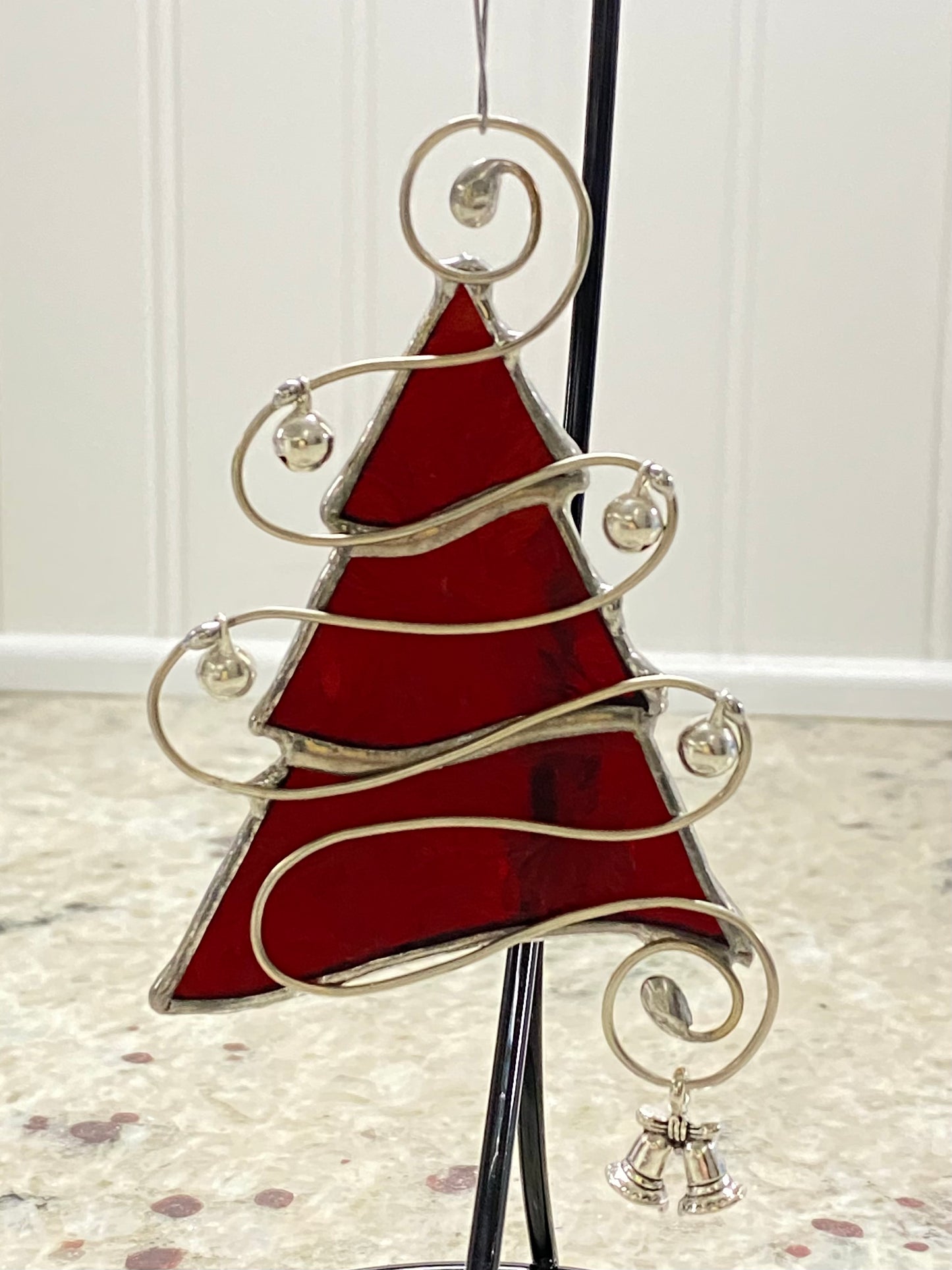 Tree Christmas Ornament - Red Snowflake Glass with Silver Jingle Bells and a Silver Bells Charm