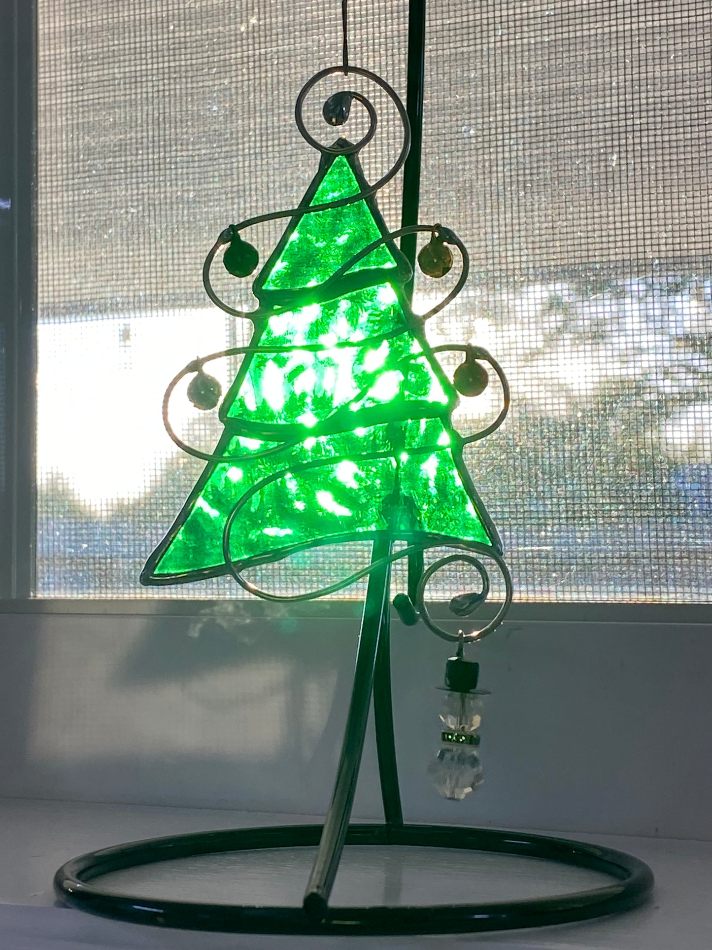 Tree Christmas Ornament - Green with Snowman Charm (silver, green, red, and gold jingle bells)